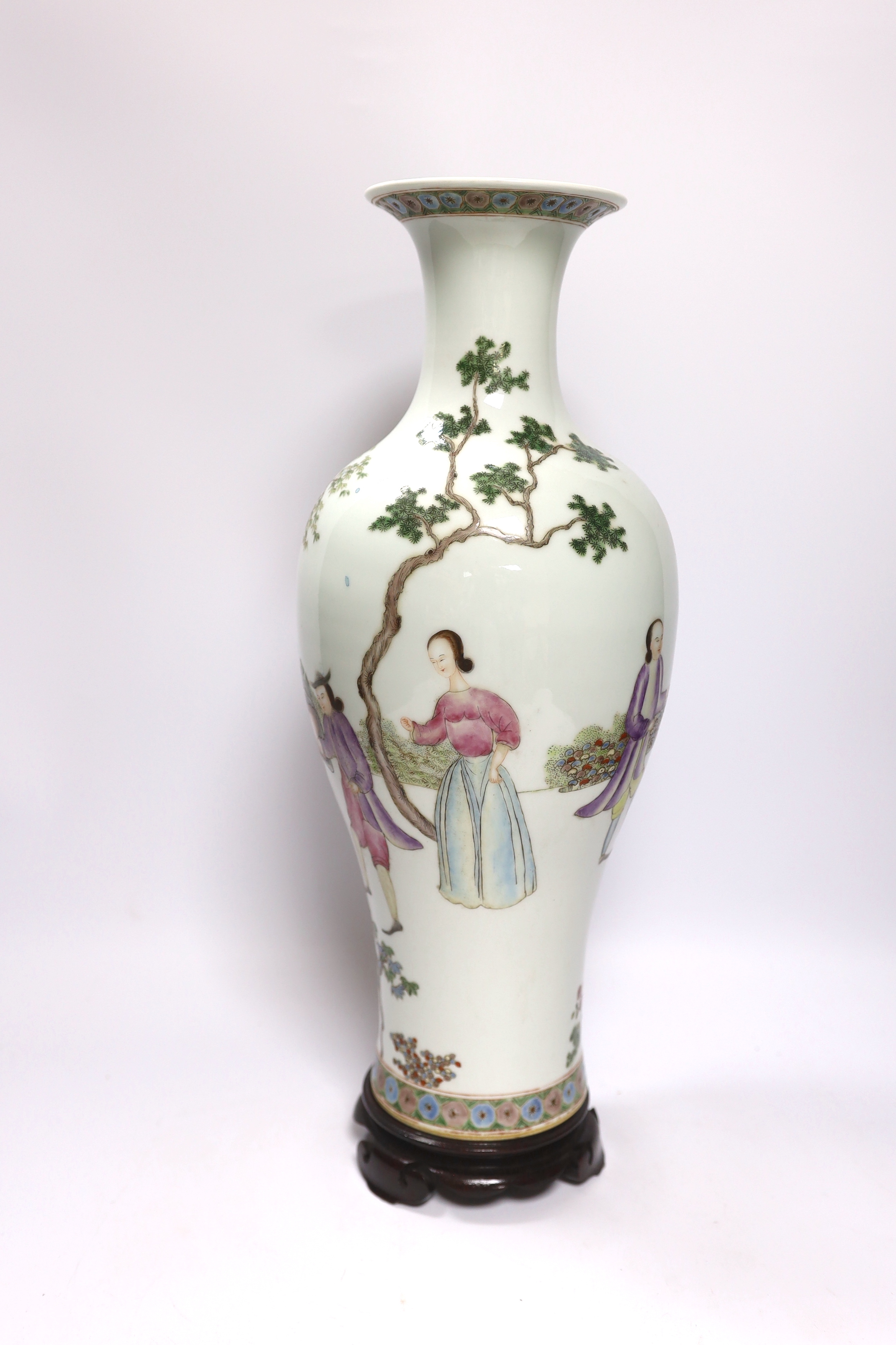 A Chinese European subject famille rose vase, with stand, 45cm high including stand